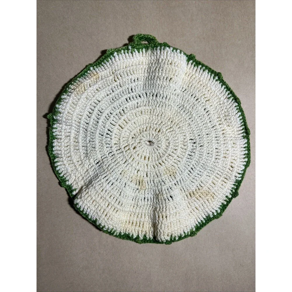 Vintage Lot Of 4 Handmade Crochet Hot Pad Potholders Green‎ & White Yellow Dress